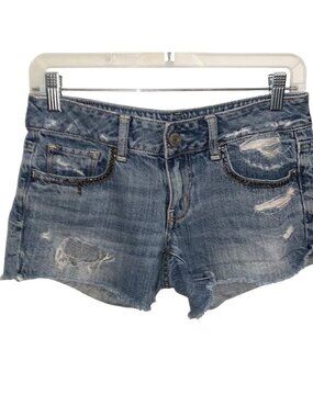 Distressed Denim Shorts With Beaded Trim Size 2